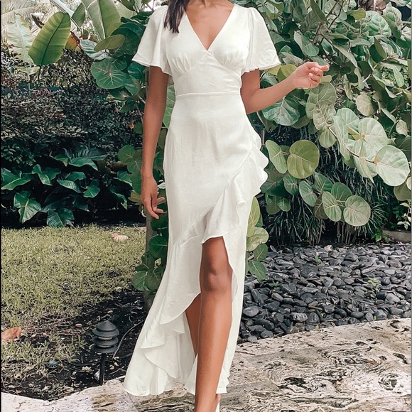 Eternal Bond White Satin Ruffled Flutter Sleeve Maxi Dress - Picture 2 of 8